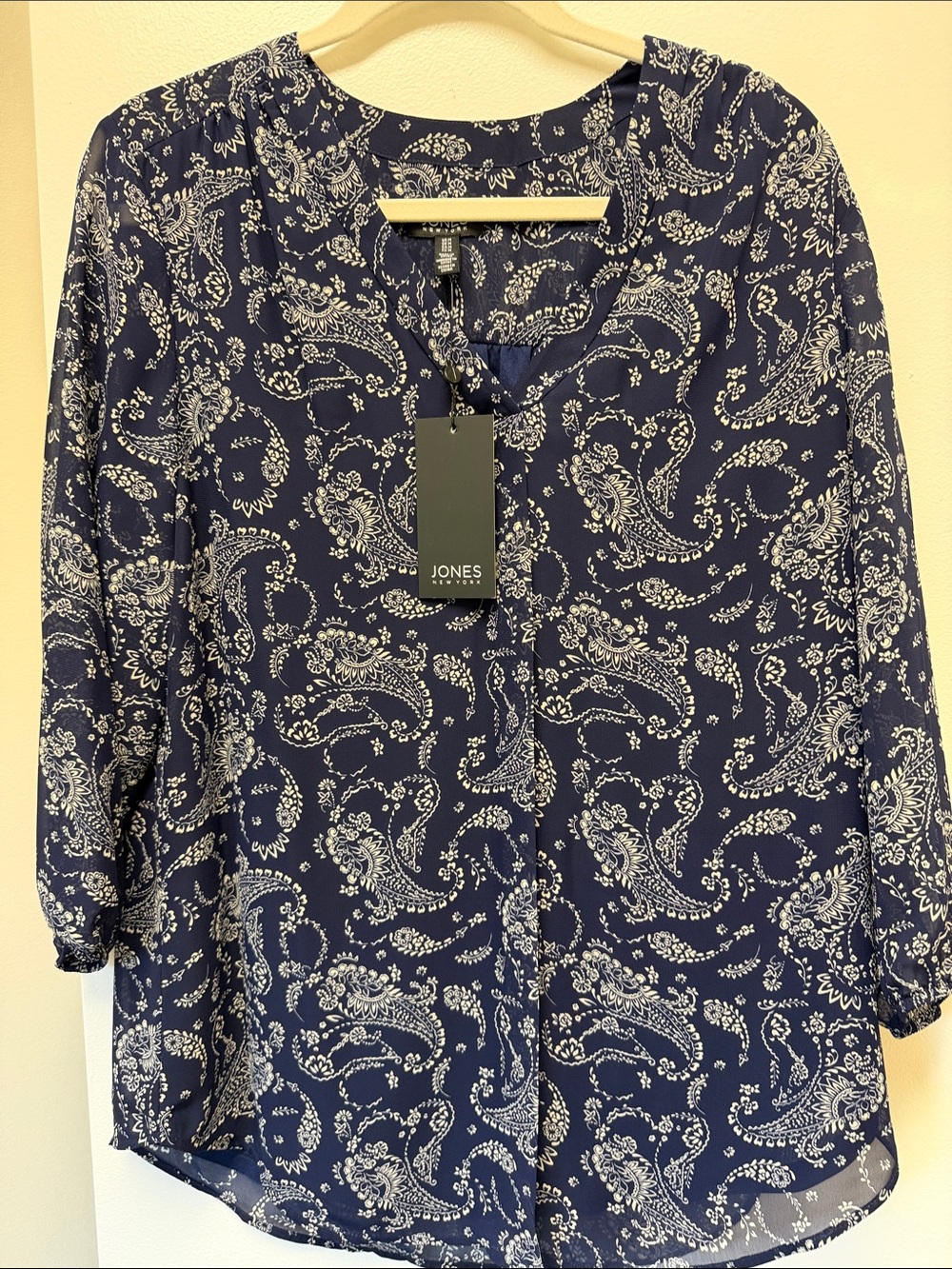 Jones New York Navy Paisley Split-Front Blouse